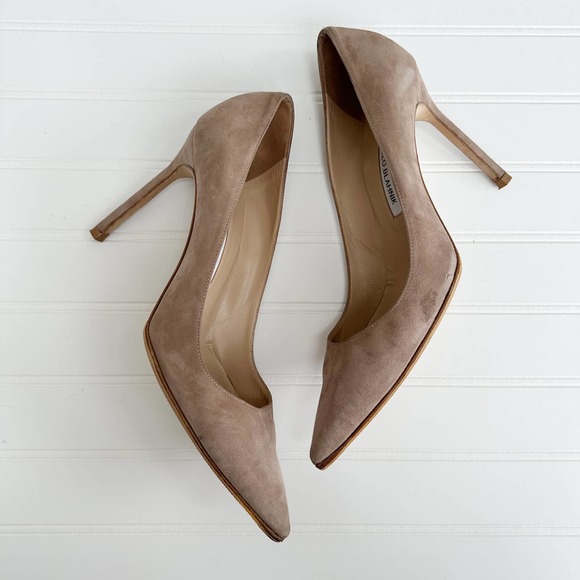 Manolo Blahnik BB Suede Pumps 105 Pointed Toe Taupe Tan Neutral Stiletto - Picture 11 of 13